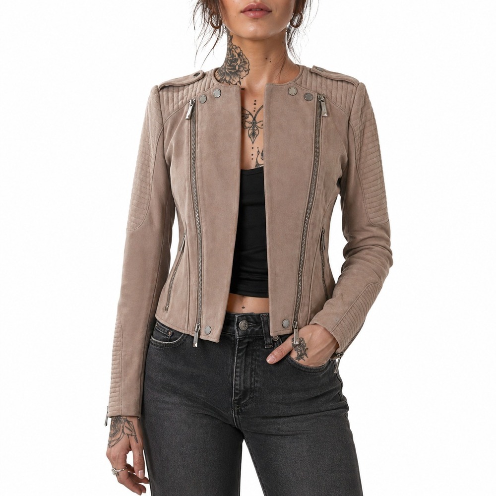BCBGMAXAZRIA Taupe Goat Suede Leather Moto Jacket Womens M Quilted Shoulder